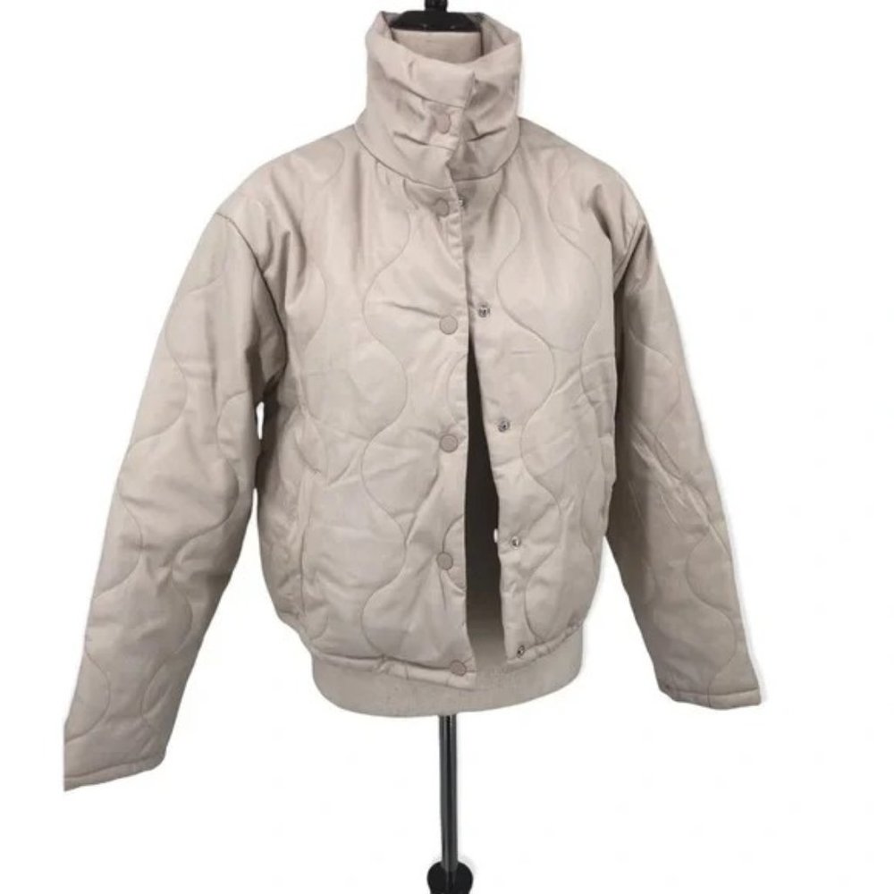 SOLD! NEW Zara Quilted Faux Ecru Leather High Neck Down Puffer Jacket Coat - Picture 7 of 9
